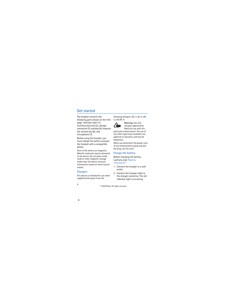 Get started, Chargers, Charge the battery | Nokia BH-213 User Manual | Page 4 / 9