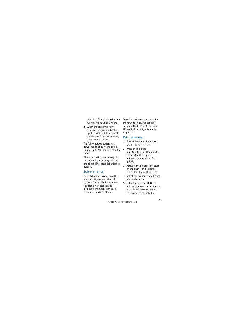 Switch on or off, Pair the headset | Nokia BH-213 User Manual | Page 5 / 9
