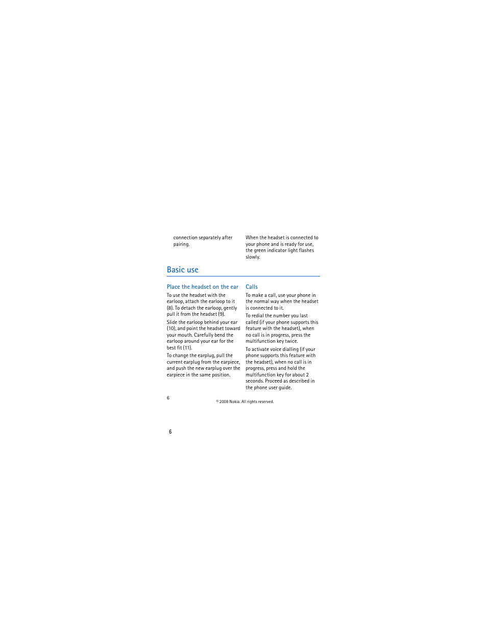 Basic use, Place the headset on the ear, Calls | Nokia BH-213 User Manual | Page 6 / 9