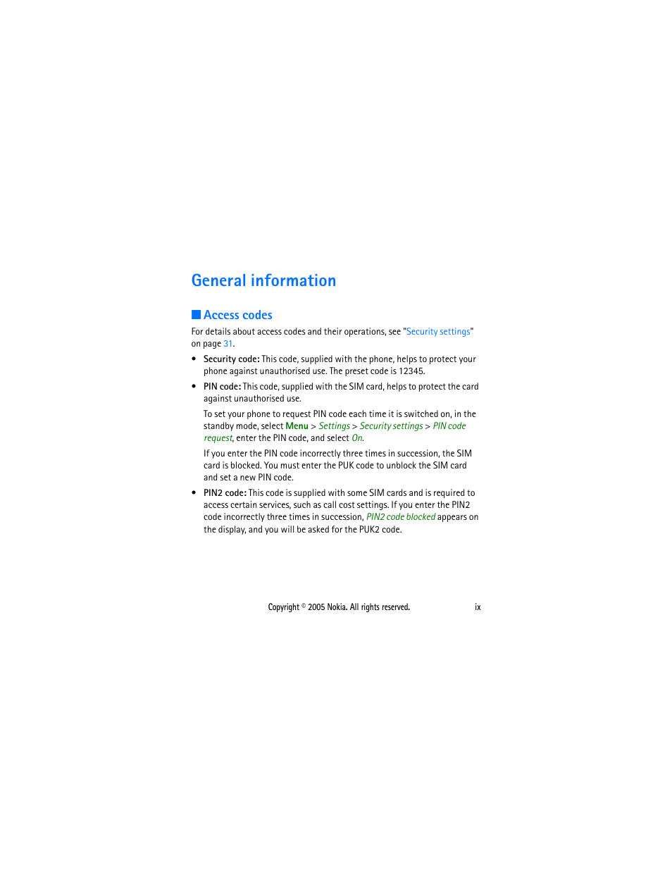 General information, Access codes, General information .................. ix | Nokia 1110 User Manual | Page 10 / 66