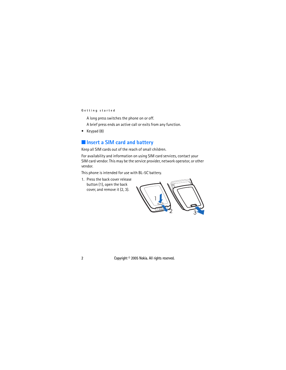 Insert a sim card and battery | Nokia 1110 User Manual | Page 13 / 66