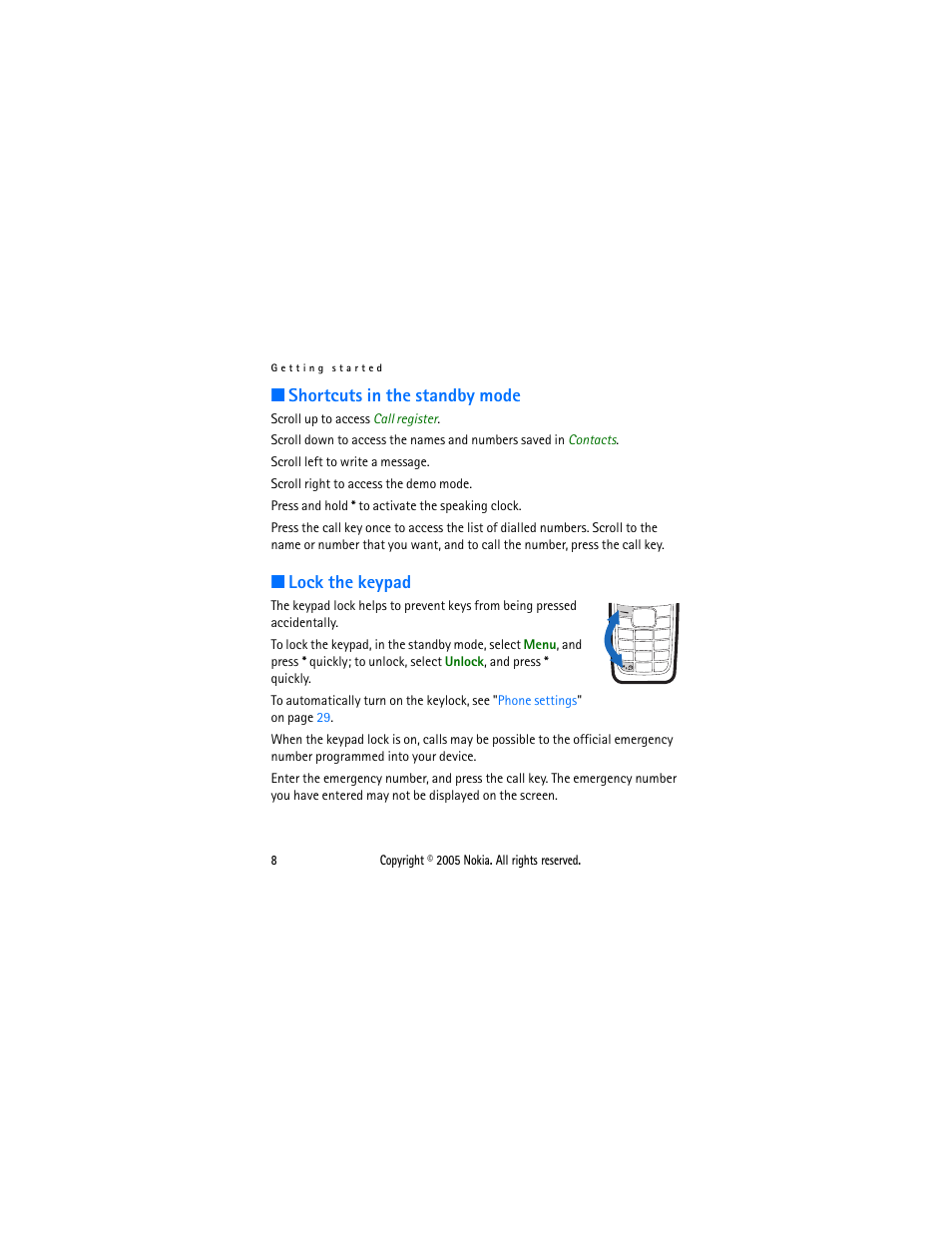 Shortcuts in the standby mode, Lock the keypad, Shortcuts in the standby mode lock the keypad | Nokia 1110 User Manual | Page 19 / 66