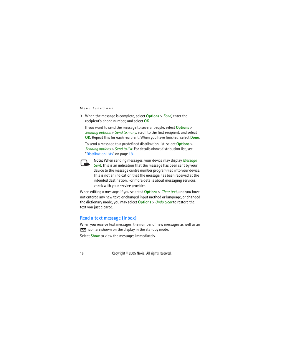 Read a text message ( inbox ), Read a text message (inbox) | Nokia 1110 User Manual | Page 27 / 66