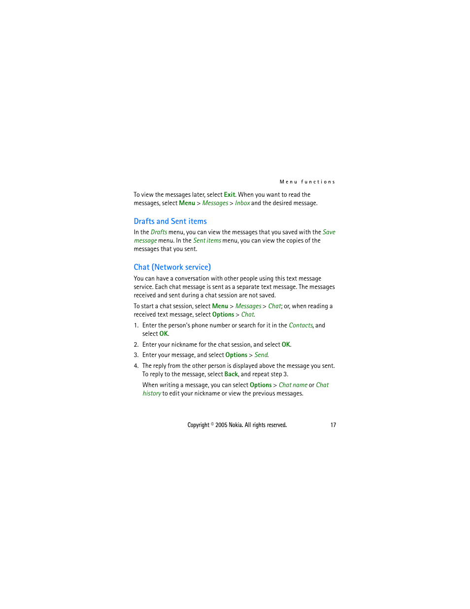 Drafts and sent items, Chat (network service), Drafts and sent items chat (network service) | Nokia 1110 User Manual | Page 28 / 66