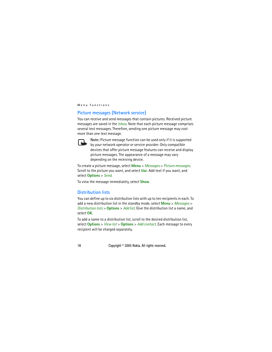 Picture messages (network service), Distribution lists | Nokia 1110 User Manual | Page 29 / 66