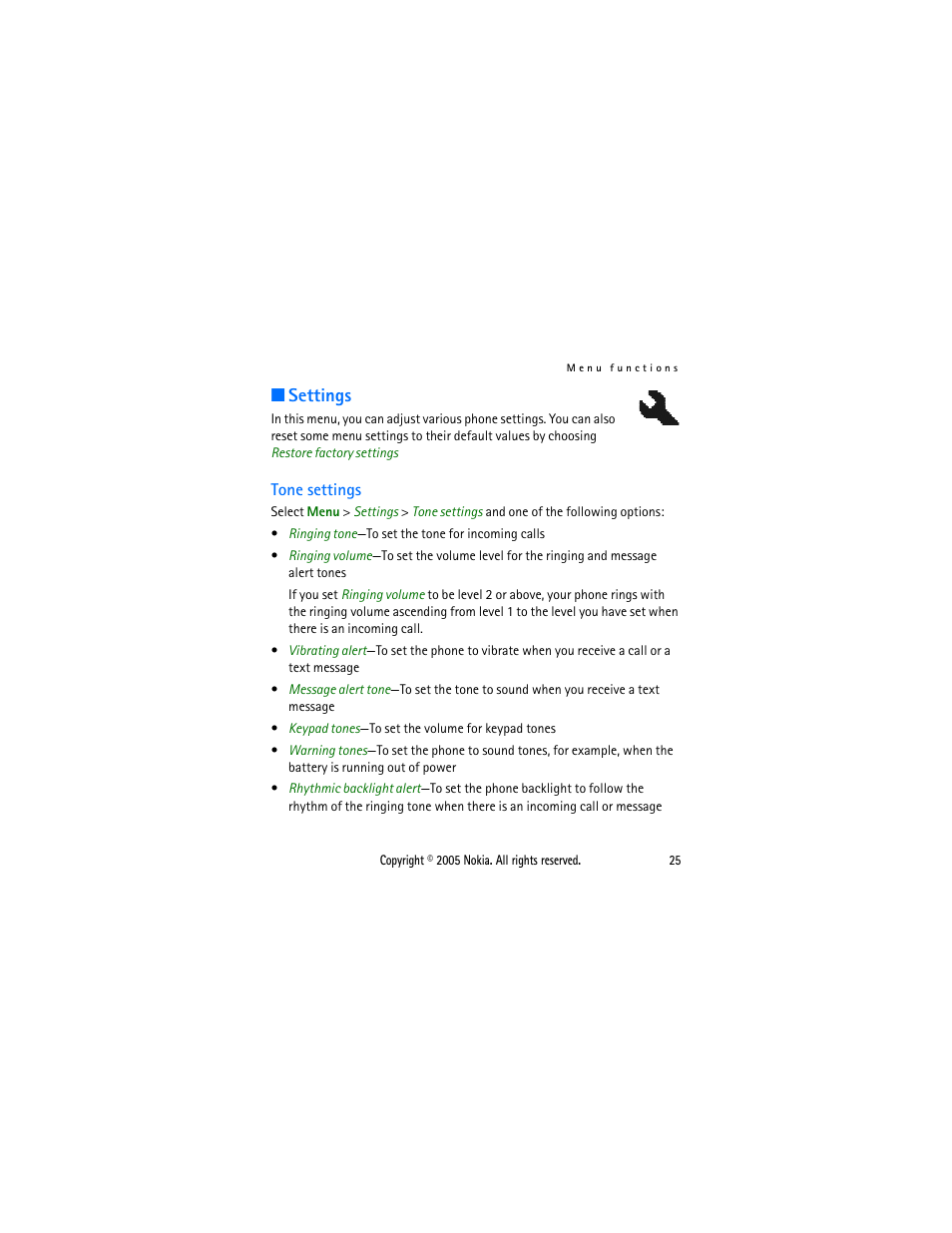 Settings, Tone settings | Nokia 1110 User Manual | Page 36 / 66