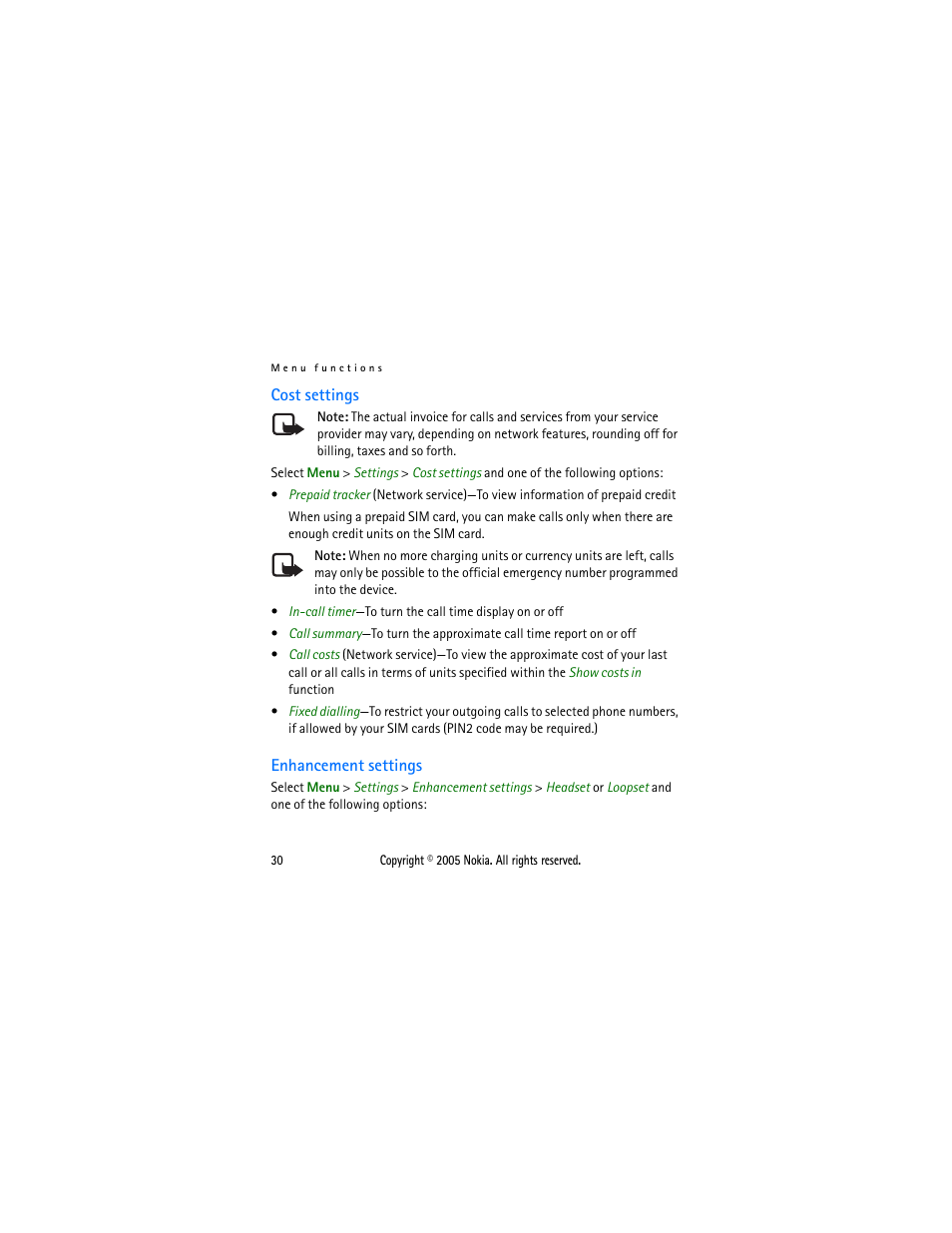 Cost settings, Enhancement settings, Cost settings enhancement settings | Nokia 1110 User Manual | Page 41 / 66