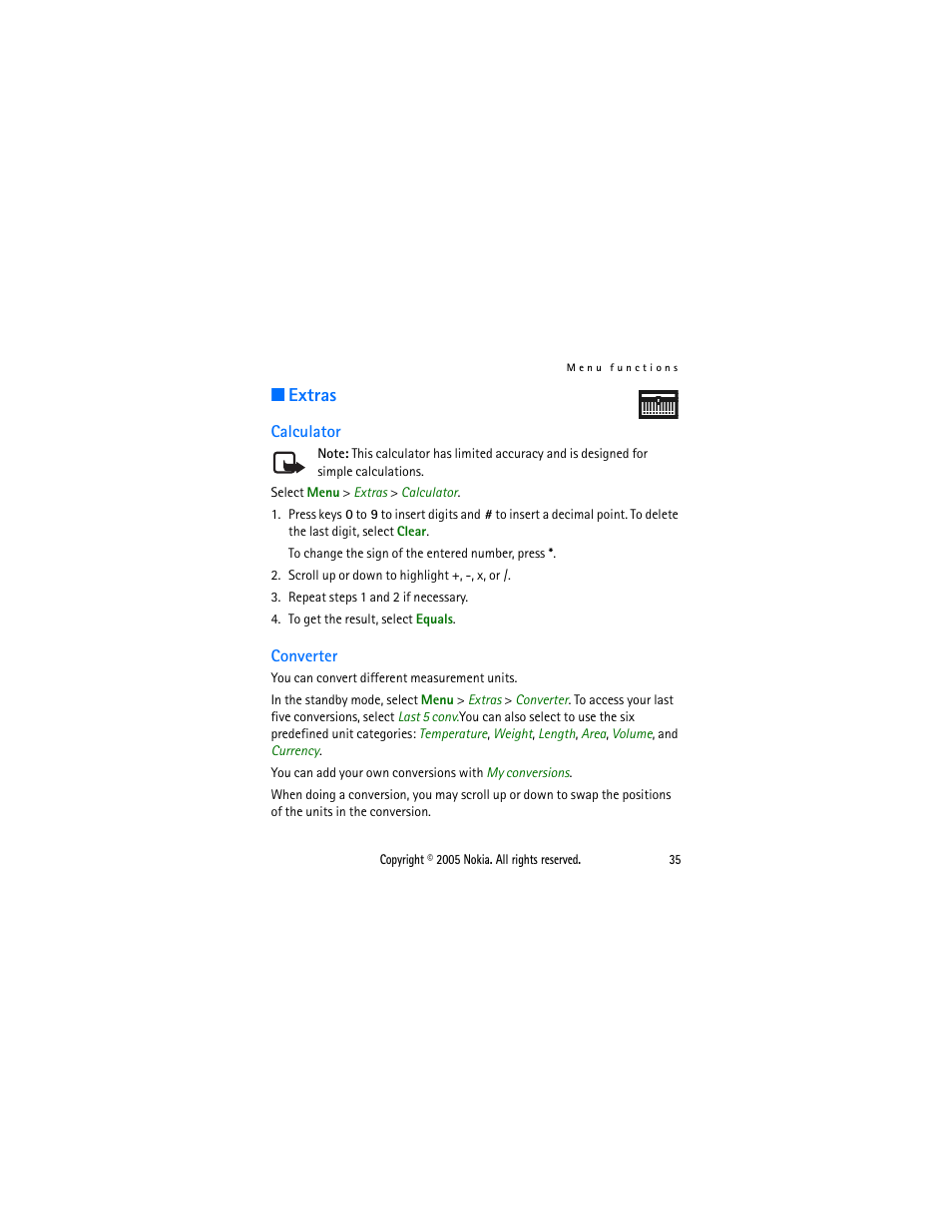 Extras, Calculator, Converter | Calculator converter | Nokia 1110 User Manual | Page 46 / 66