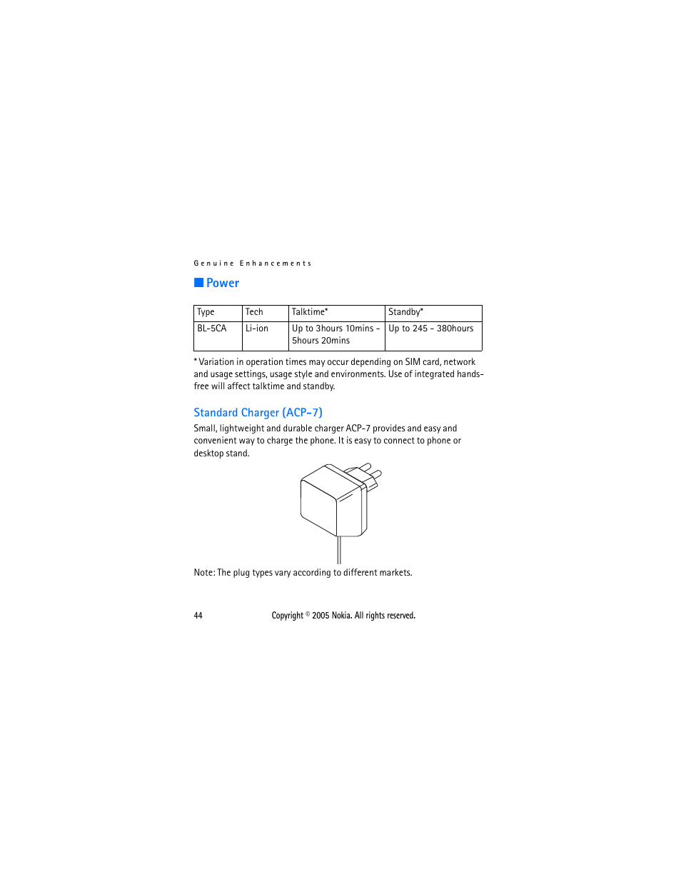 Power, Standard charger (acp-7) | Nokia 1110 User Manual | Page 55 / 66