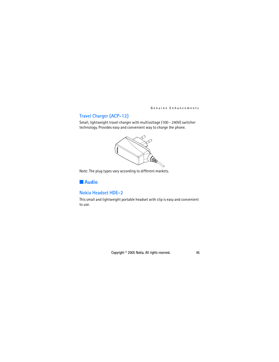 Travel charger (acp-12), Audio, Nokia headset hde-2 | Nokia 1110 User Manual | Page 56 / 66