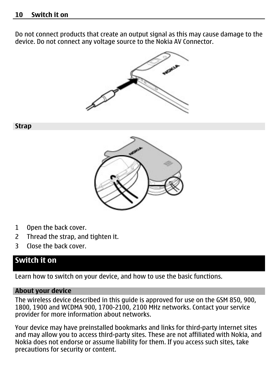 Strap, Switch it on, About your device | Nokia 3710 User Manual | Page 10 / 66