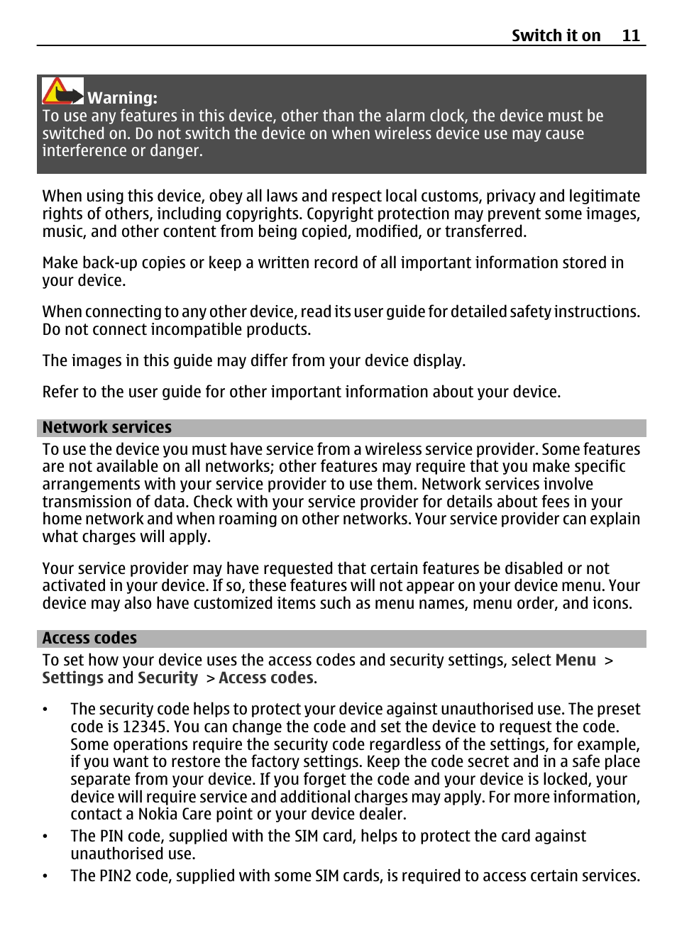 Network services, Access codes | Nokia 3710 User Manual | Page 11 / 66