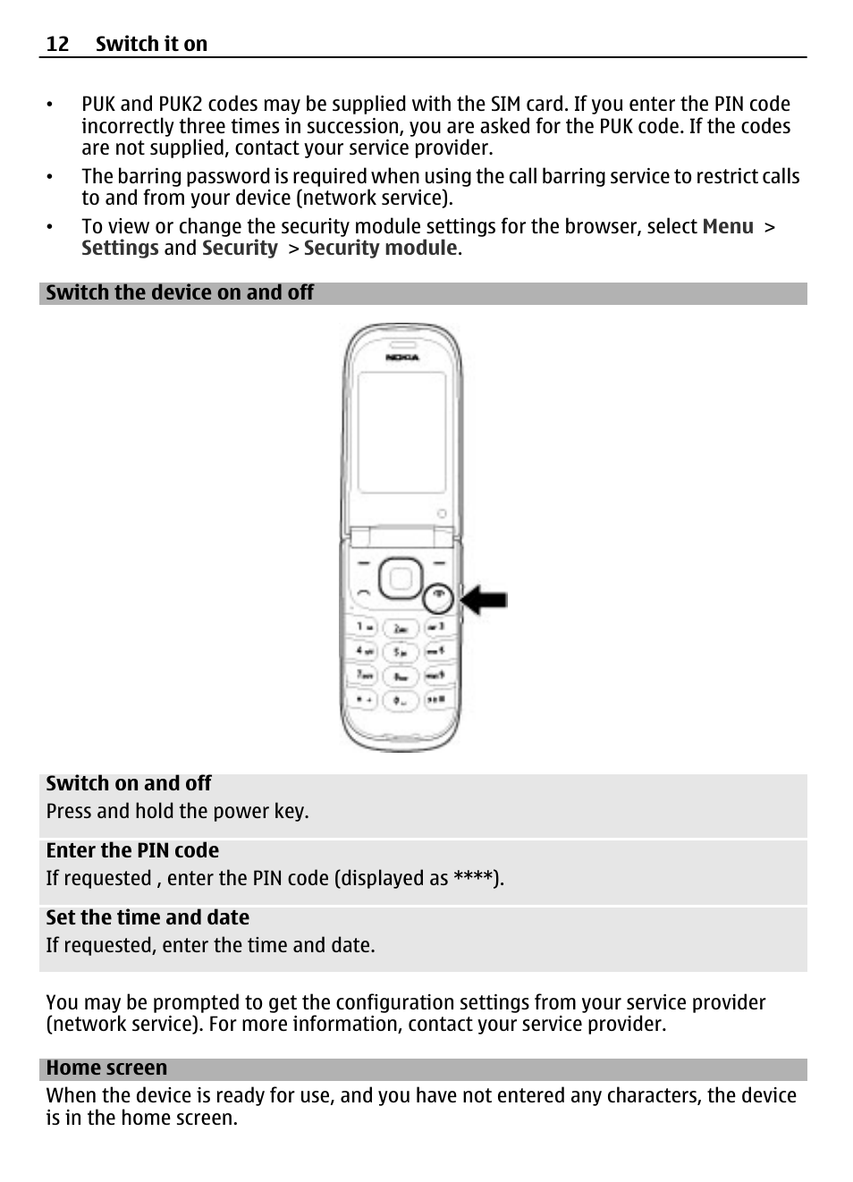 Switch the device on and off, Home screen | Nokia 3710 User Manual | Page 12 / 66