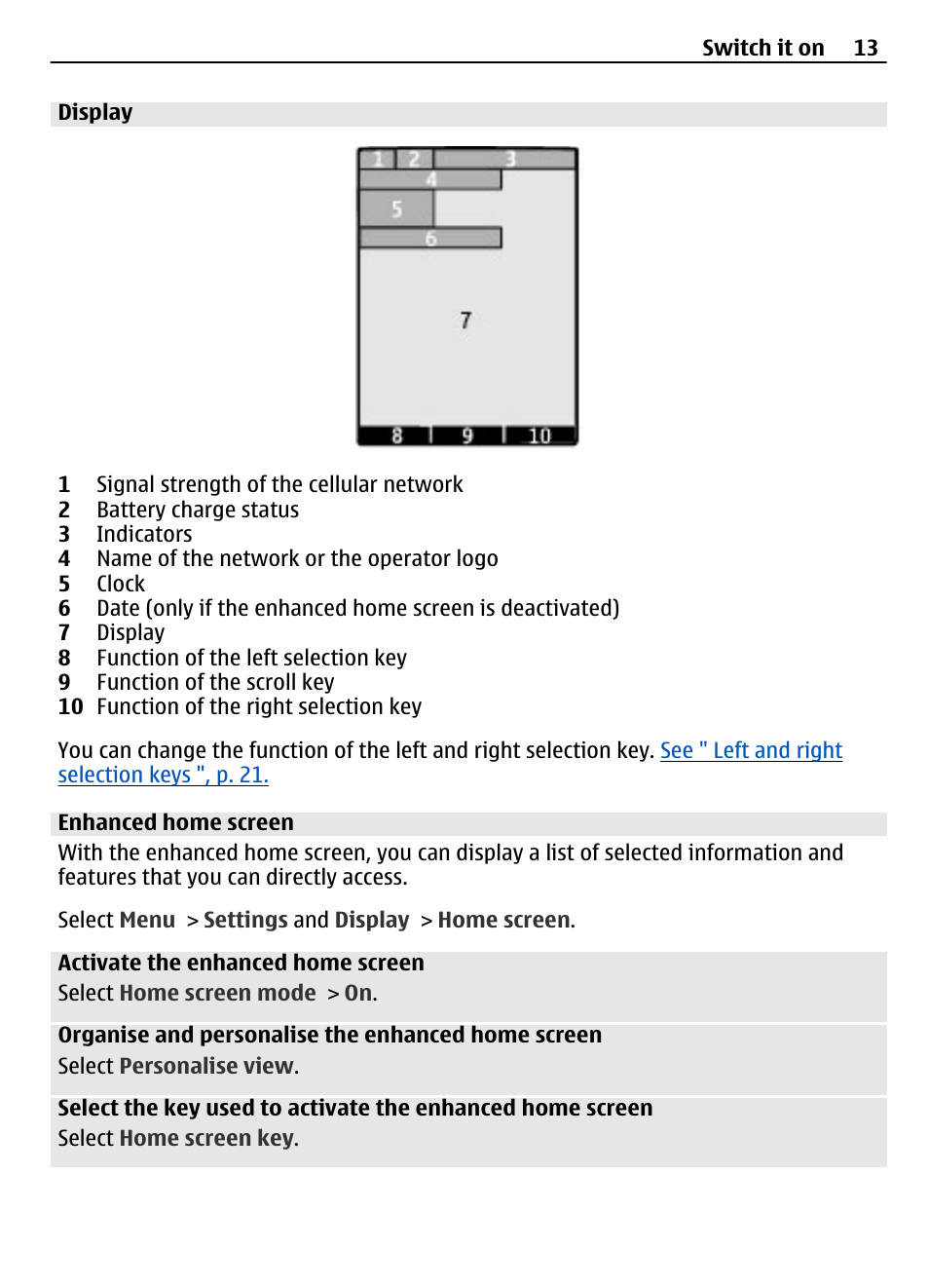 Display, Enhanced home screen | Nokia 3710 User Manual | Page 13 / 66