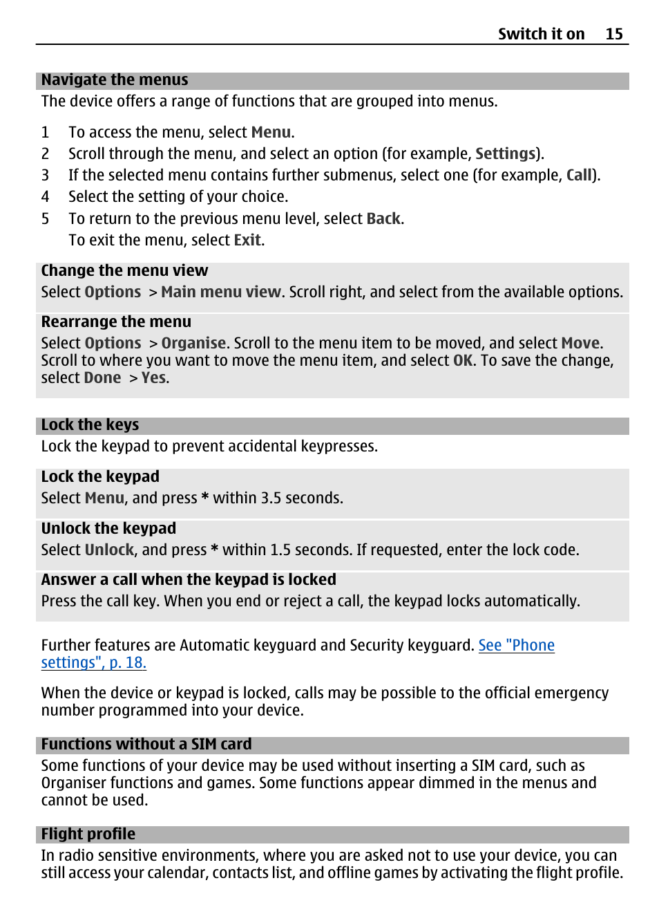 Navigate the menus, Lock the keys, Functions without a sim card | Flight profile | Nokia 3710 User Manual | Page 15 / 66