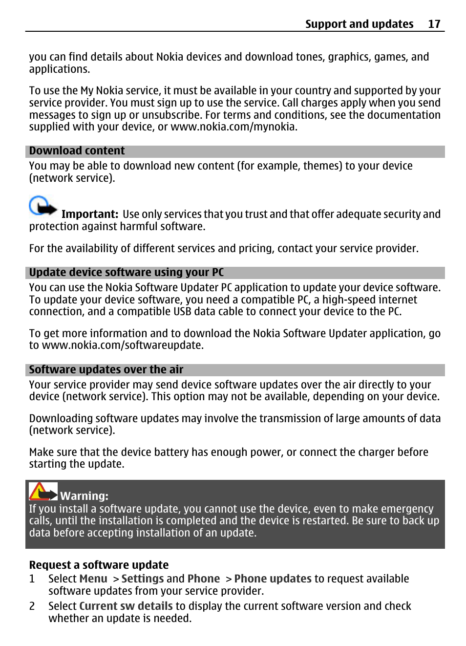 Download content, Update device software using your pc, Software updates over the air | Update device software using your | Nokia 3710 User Manual | Page 17 / 66