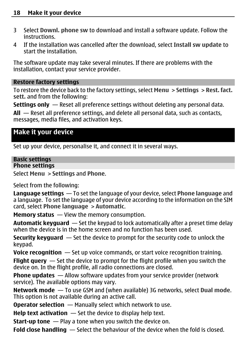 Restore factory settings, Make it your device, Basic settings | Phone settings | Nokia 3710 User Manual | Page 18 / 66