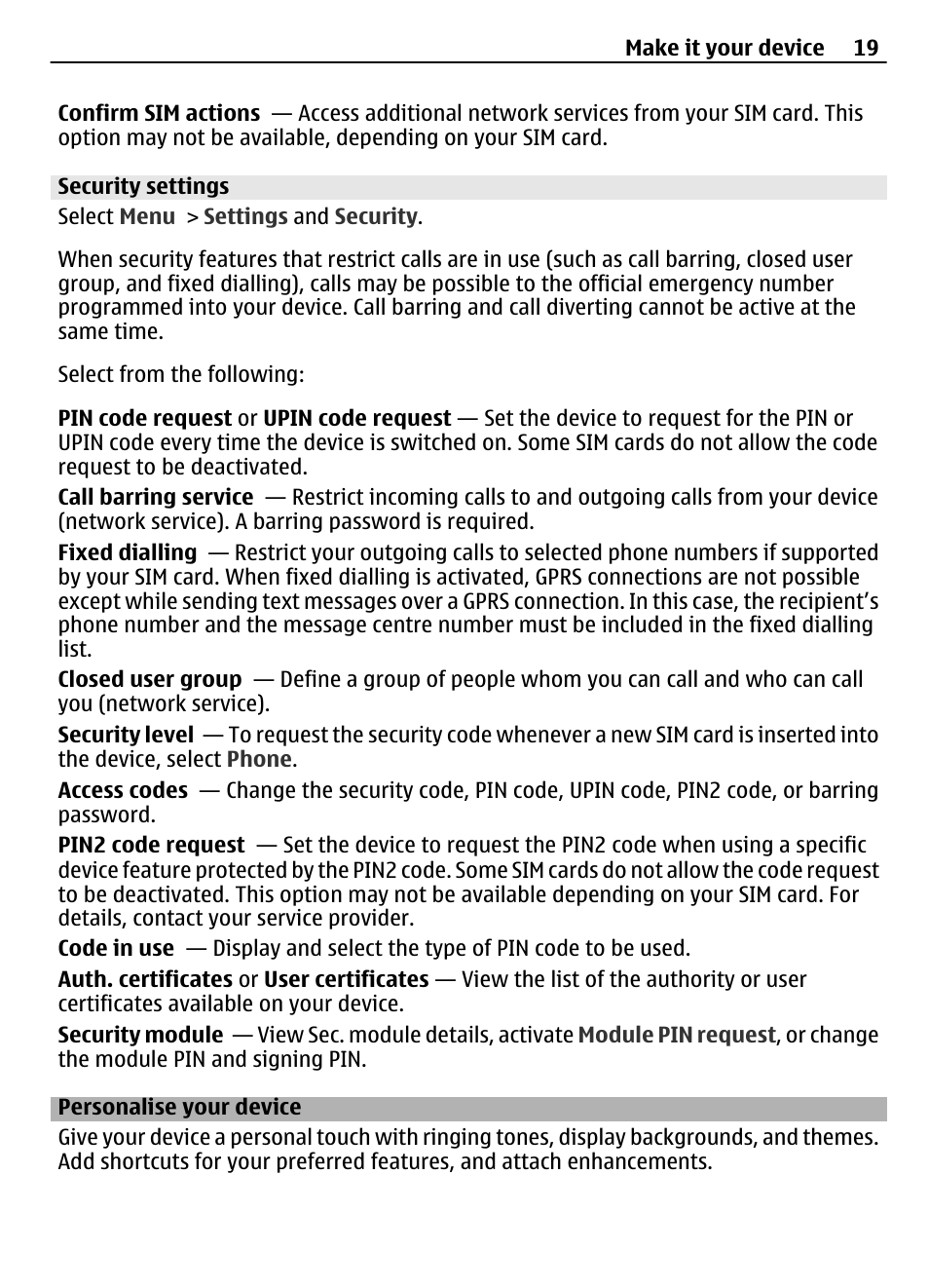 Security settings, Personalise your device | Nokia 3710 User Manual | Page 19 / 66