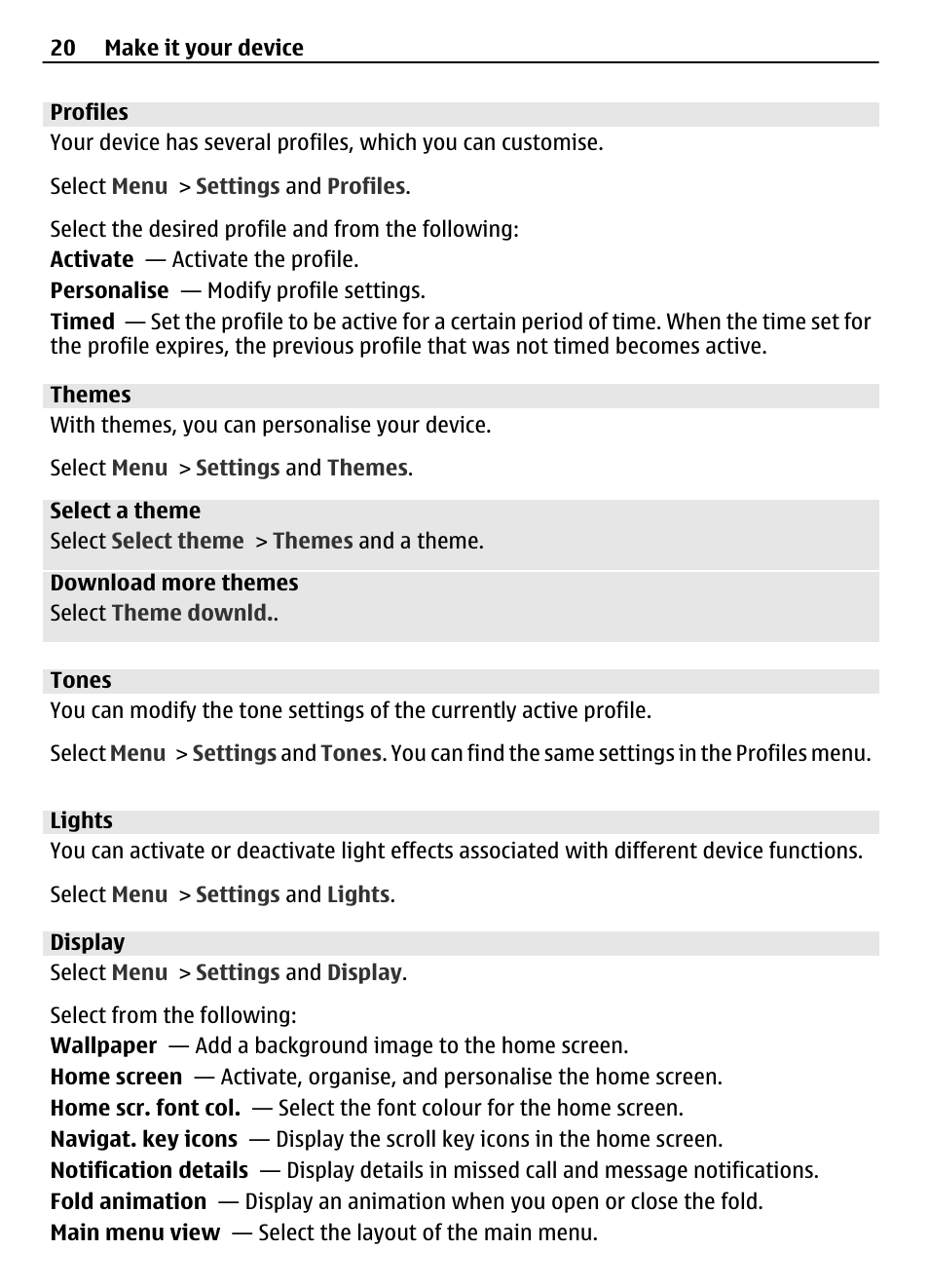 Profiles, Themes, Tones | Lights, Display | Nokia 3710 User Manual | Page 20 / 66