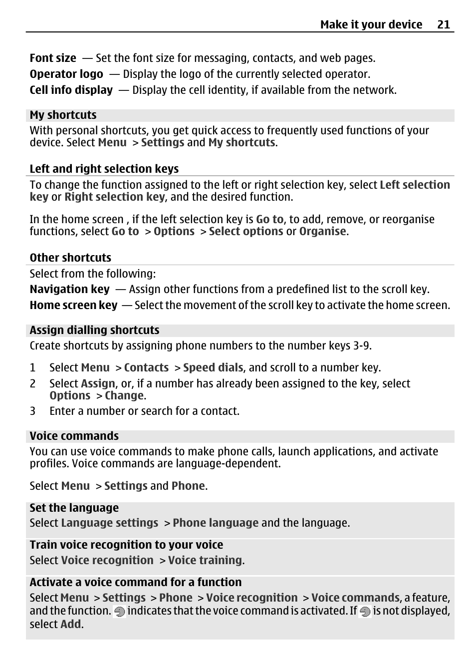 My shortcuts, Left and right selection keys, Other shortcuts | Assign dialling shortcuts, Voice commands | Nokia 3710 User Manual | Page 21 / 66