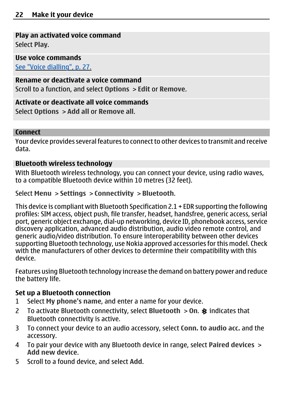 Connect, Bluetooth wireless technology | Nokia 3710 User Manual | Page 22 / 66