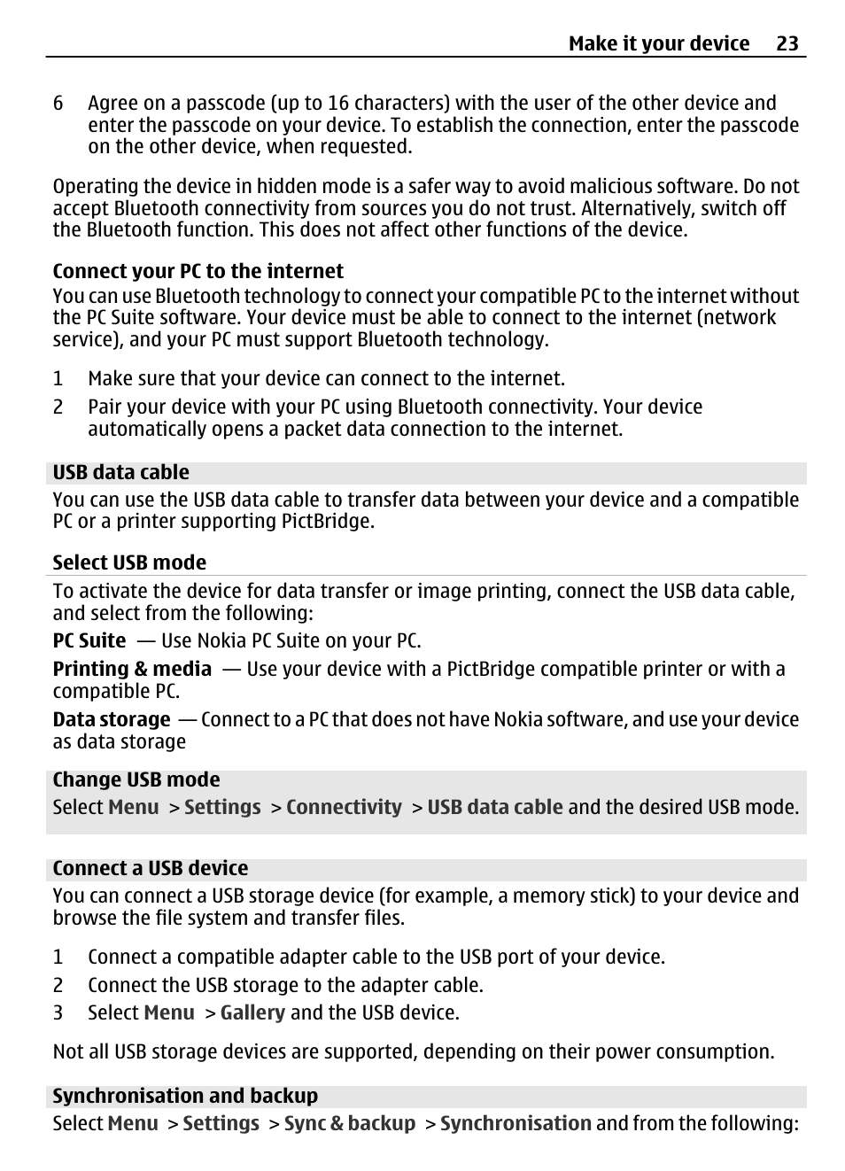 Usb data cable, Connect a usb device, Synchronisation and backup | Nokia 3710 User Manual | Page 23 / 66