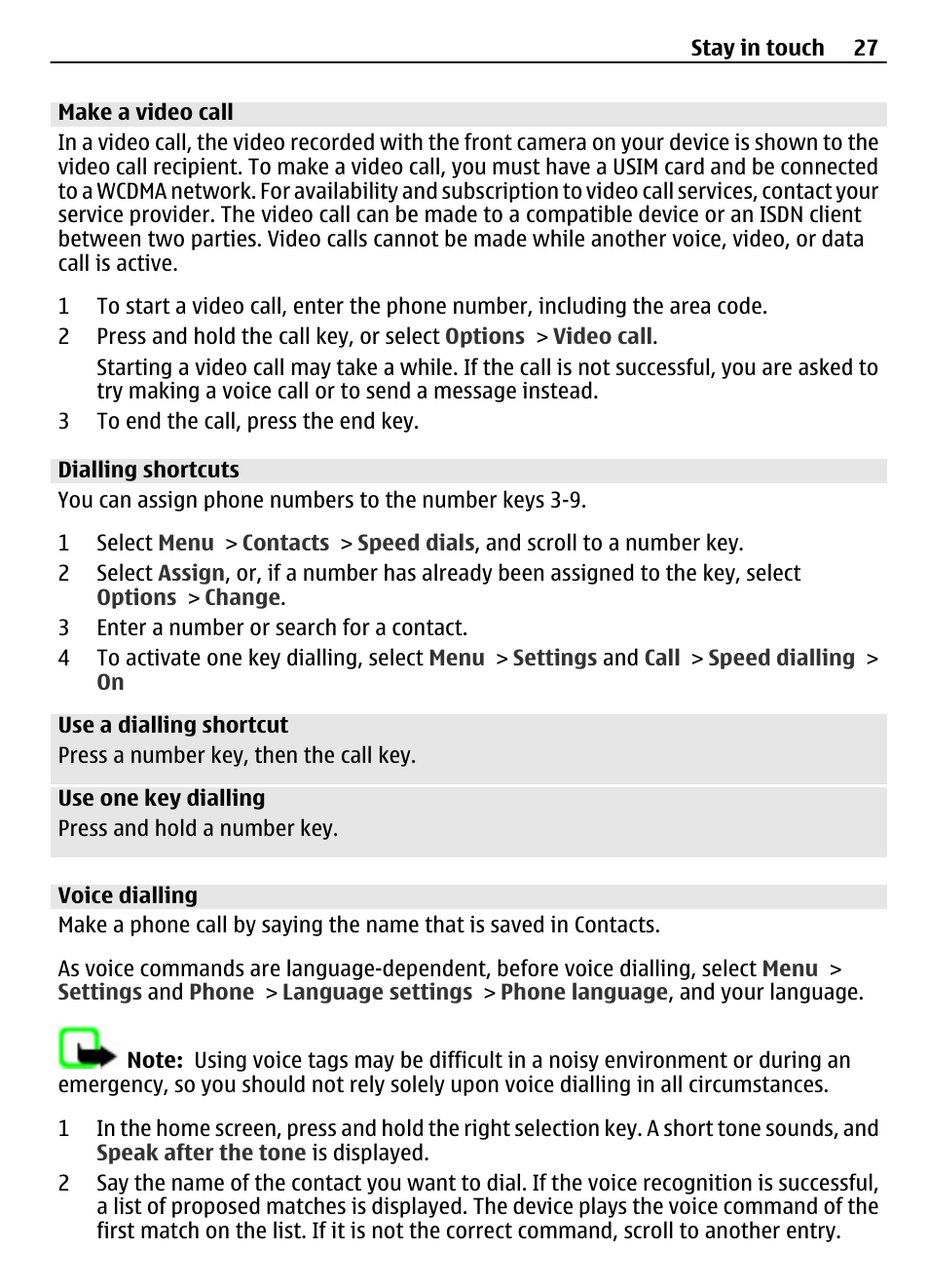 Make a video call, Dialling shortcuts, Voice dialling | Nokia 3710 User Manual | Page 27 / 66