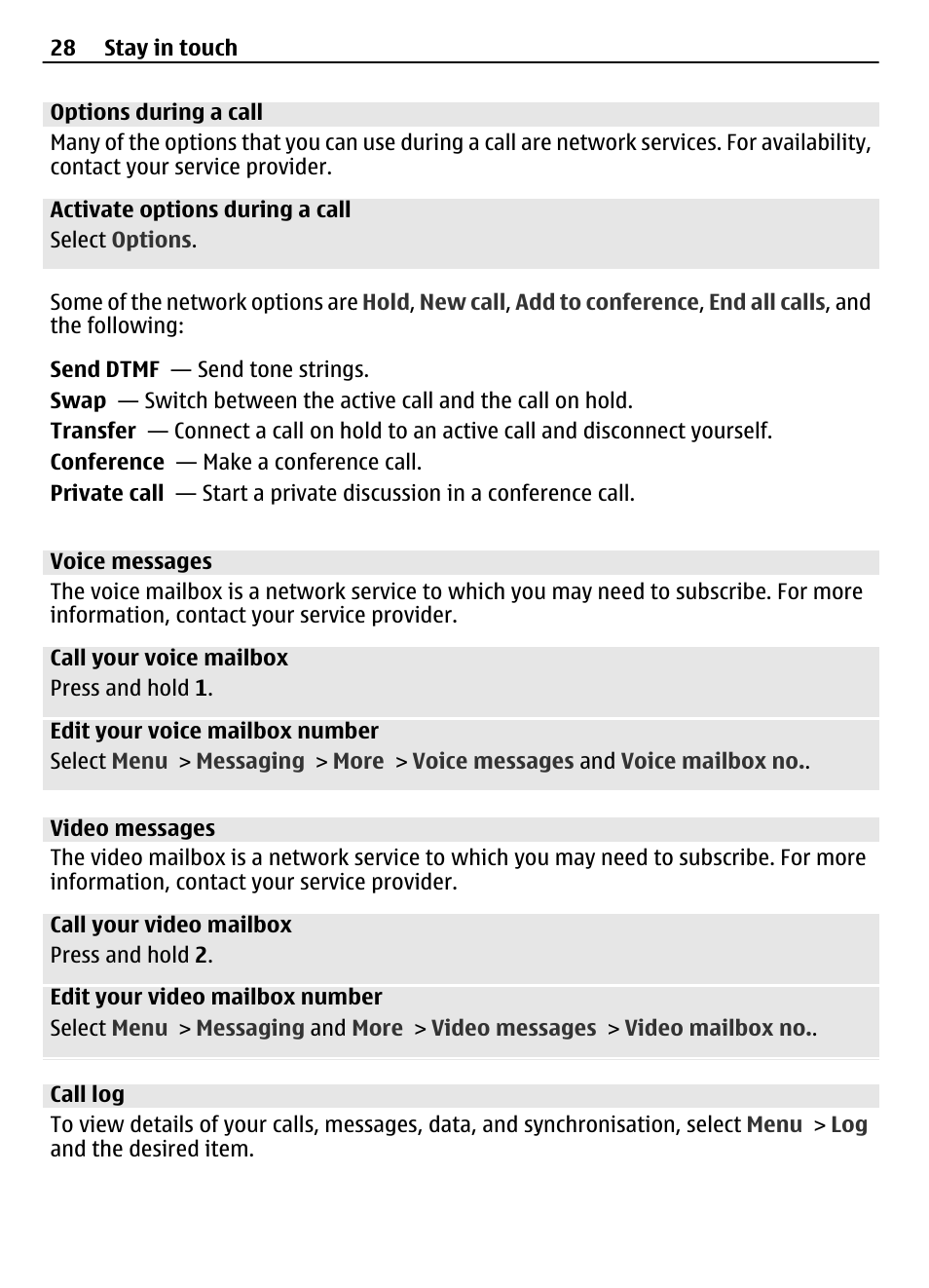 Options during a call, Voice messages, Video messages | Call log | Nokia 3710 User Manual | Page 28 / 66