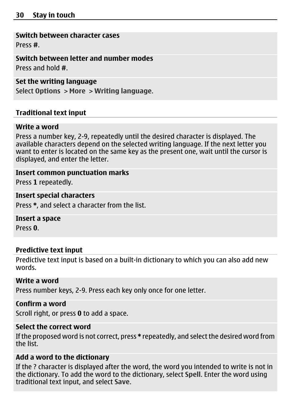 Traditional text input, Predictive text input | Nokia 3710 User Manual | Page 30 / 66