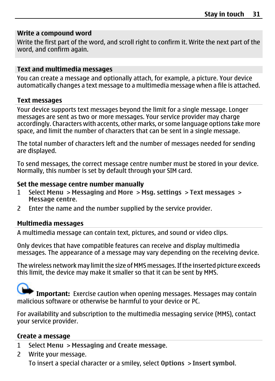 Text and multimedia messages, Text messages, Multimedia messages | Create a message | Nokia 3710 User Manual | Page 31 / 66