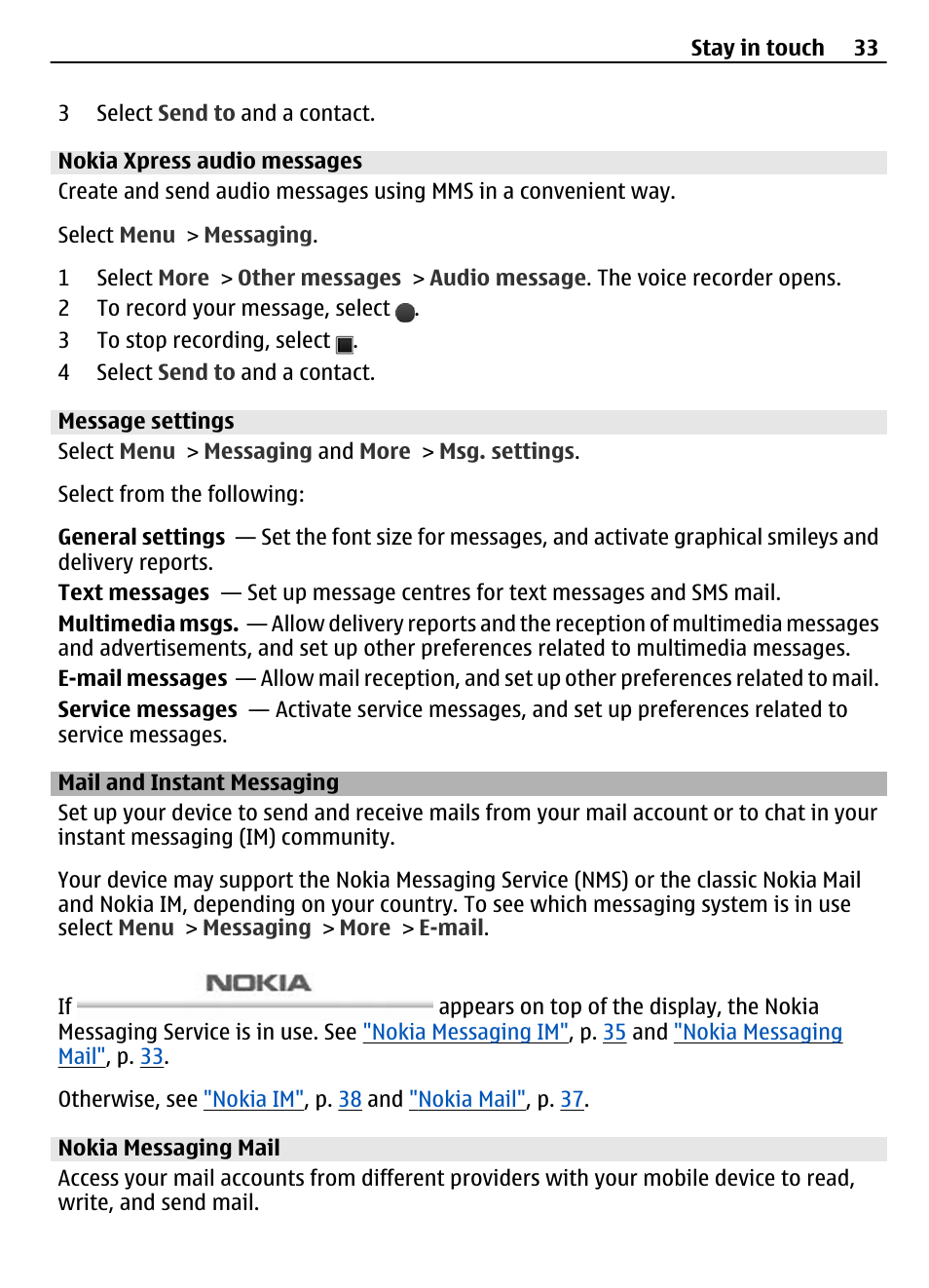 Nokia xpress audio messages, Message settings, Mail and instant messaging | Nokia messaging mail | Nokia 3710 User Manual | Page 33 / 66