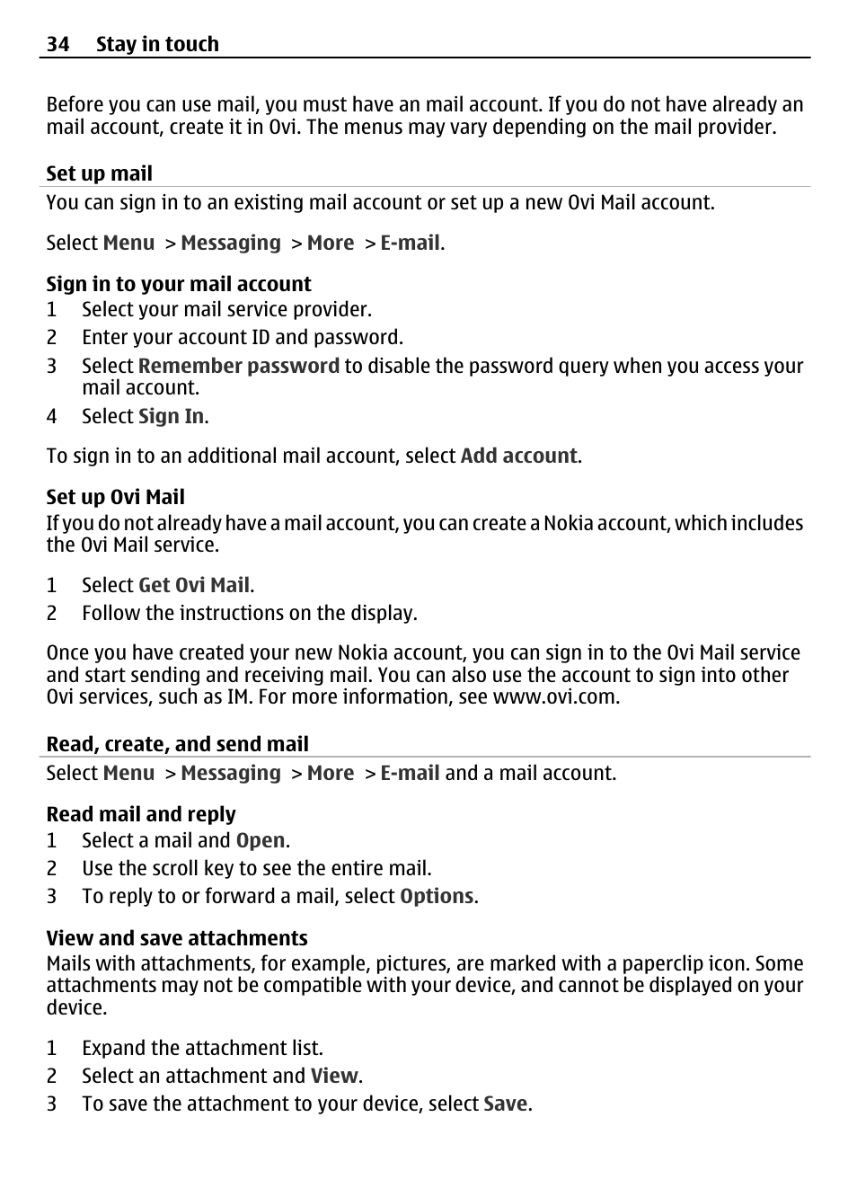 Set up mail, Read, create, and send mail | Nokia 3710 User Manual | Page 34 / 66