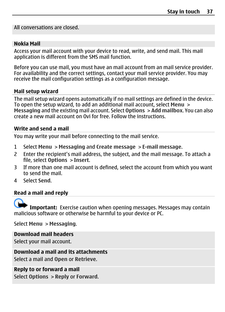 Nokia mail, Mail setup wizard, Write and send a mail | Read a mail and reply | Nokia 3710 User Manual | Page 37 / 66