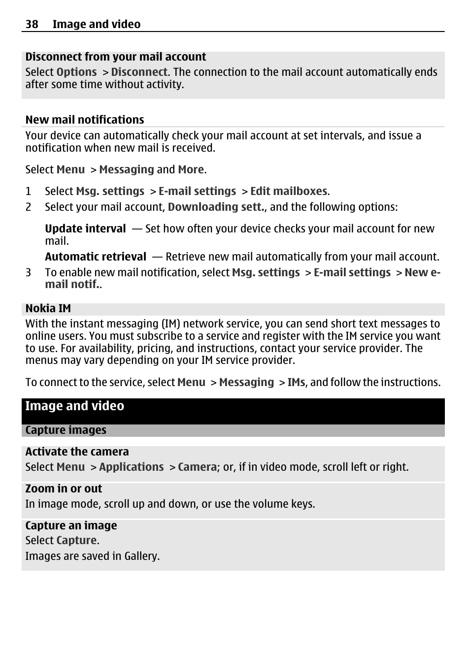 New mail notifications, Nokia im, Image and video | Capture images | Nokia 3710 User Manual | Page 38 / 66