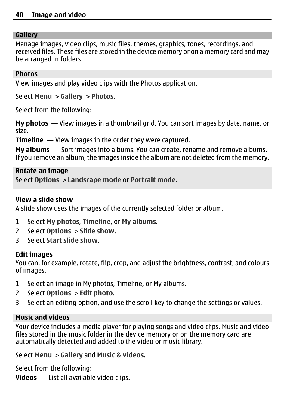 Gallery, Photos, Music and videos | Nokia 3710 User Manual | Page 40 / 66