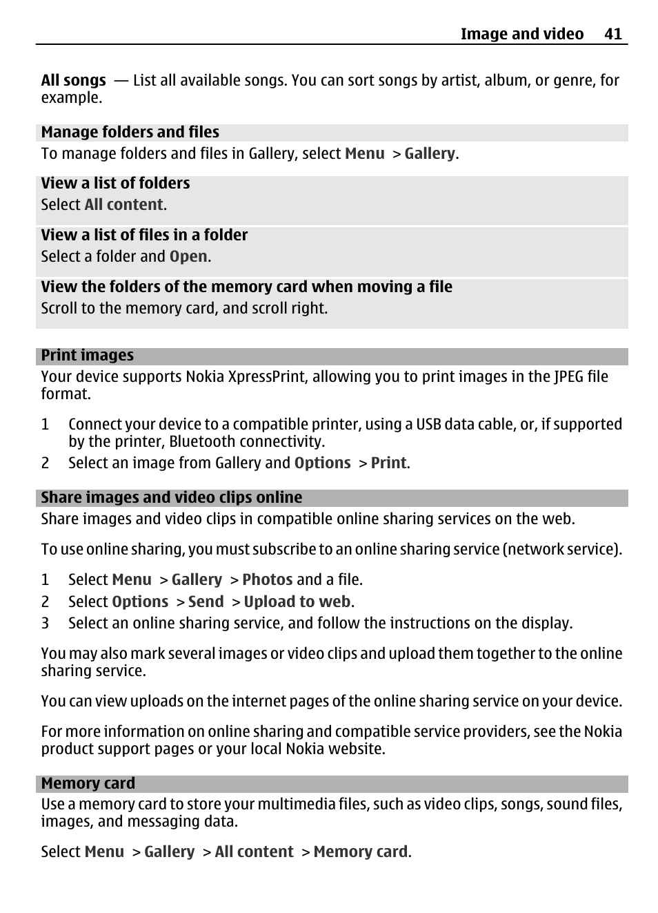 Manage folders and files, Print images, Share images and video clips online | Memory card, Share images and video clips online 41 | Nokia 3710 User Manual | Page 41 / 66