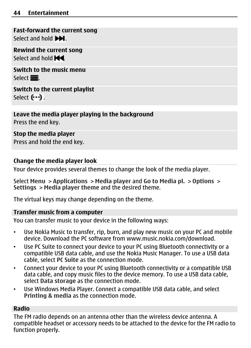 Change the media player look, Transfer music from a computer, Radio | Nokia 3710 User Manual | Page 44 / 66