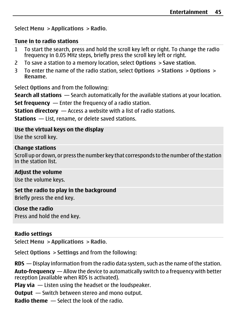 Tune in to radio stations, Radio settings | Nokia 3710 User Manual | Page 45 / 66