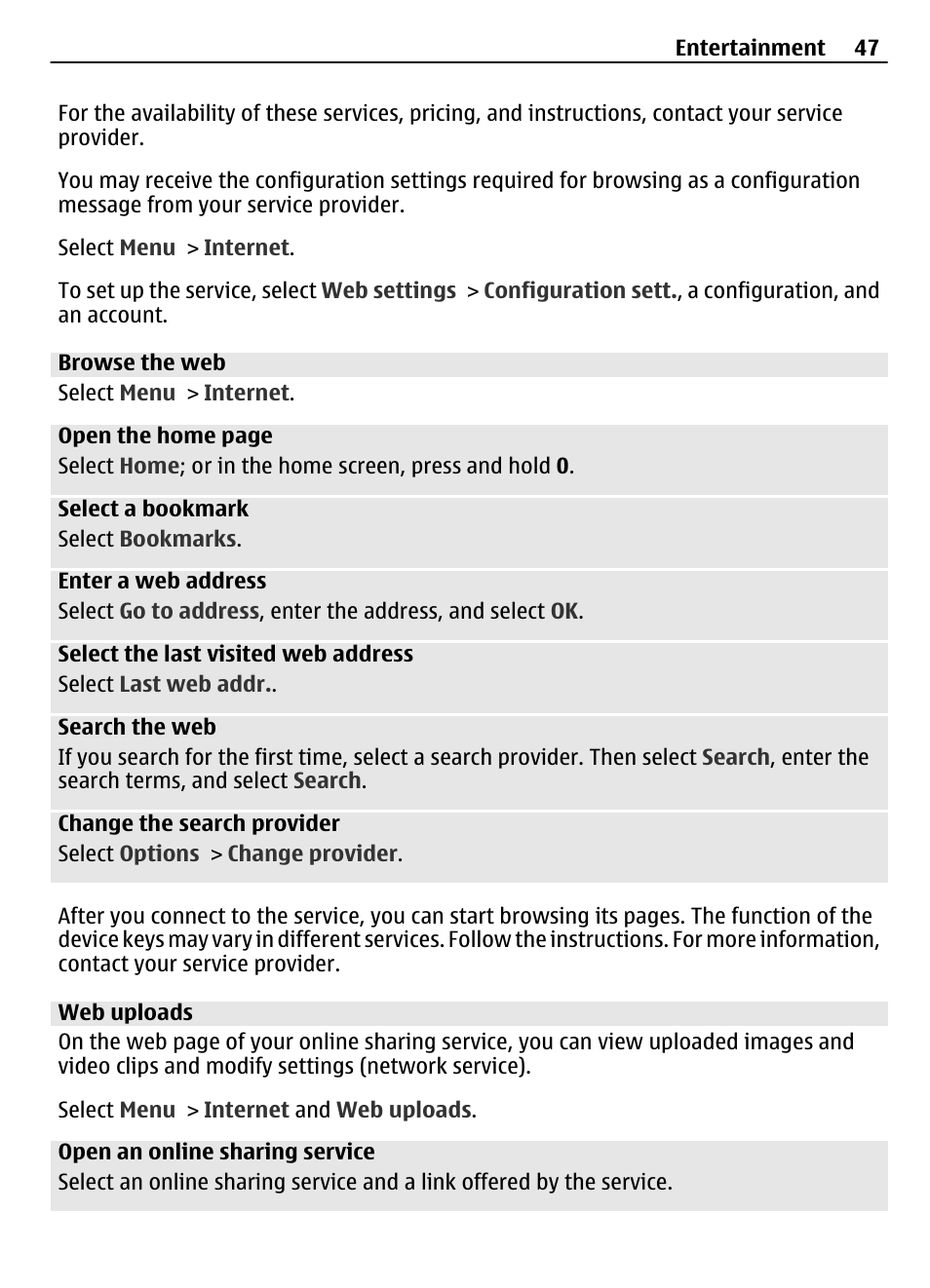 Browse the web, Web uploads | Nokia 3710 User Manual | Page 47 / 66