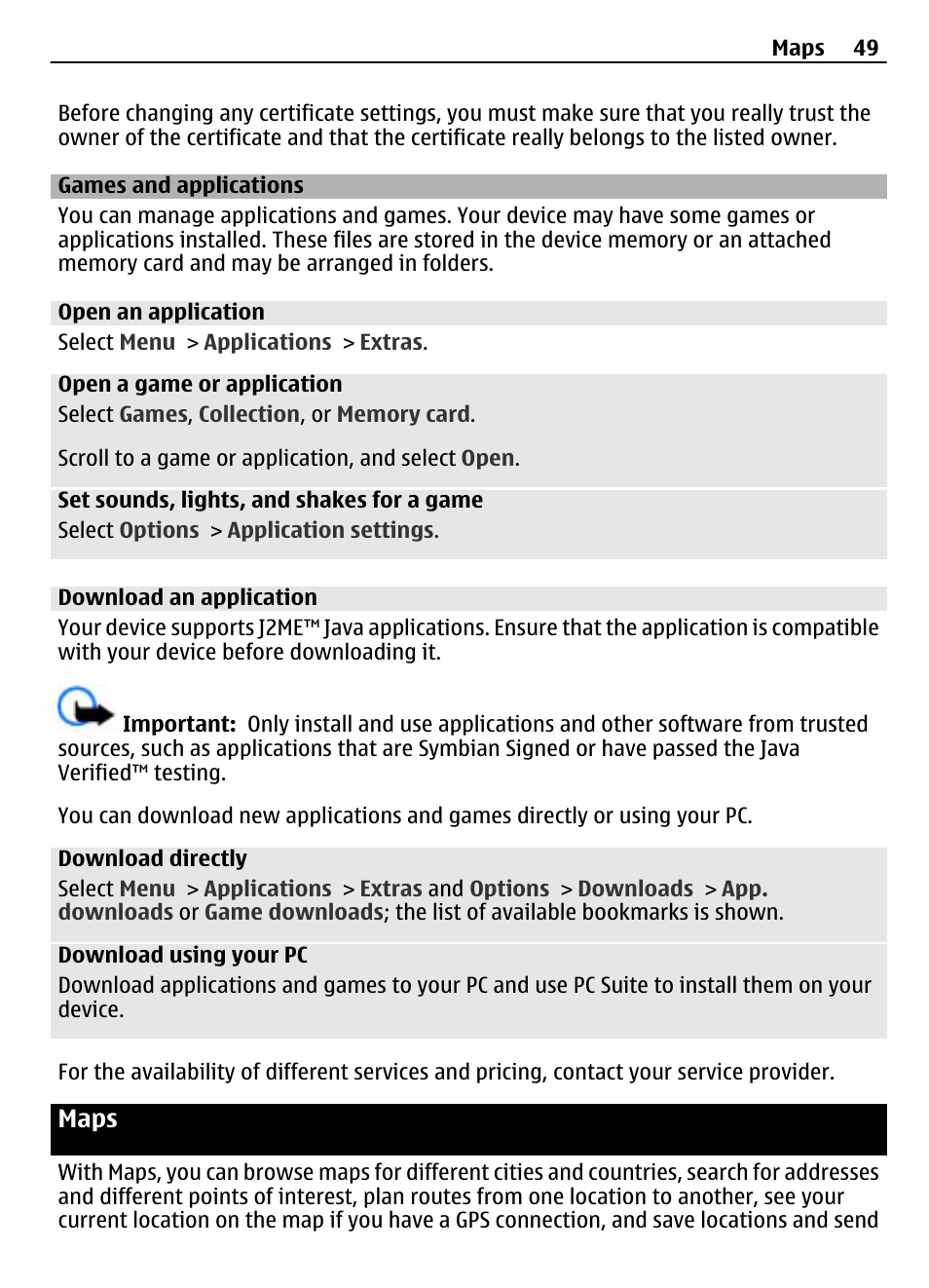 Games and applications, Open an application, Download an application | Maps | Nokia 3710 User Manual | Page 49 / 66