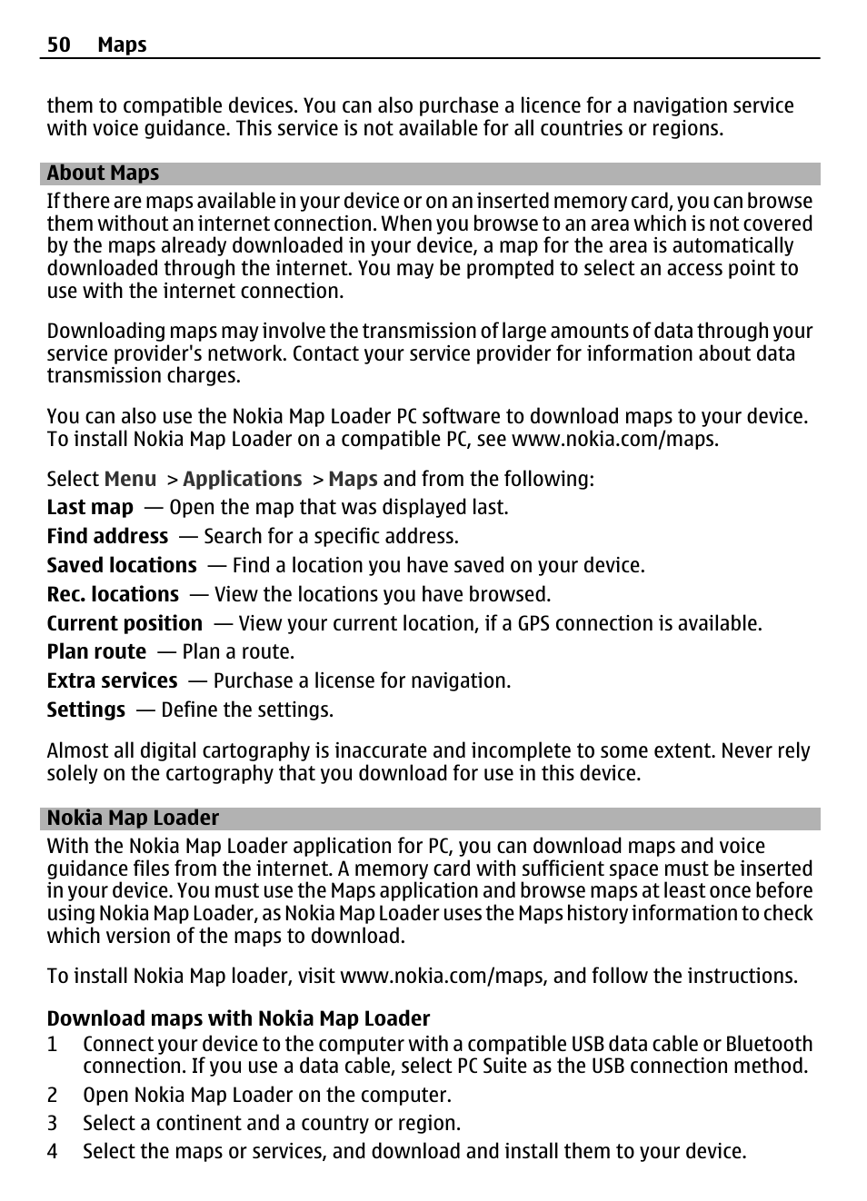 About maps, Nokia map loader | Nokia 3710 User Manual | Page 50 / 66