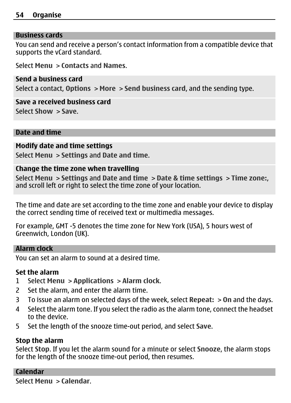 Business cards, Date and time, Alarm clock | Calendar | Nokia 3710 User Manual | Page 54 / 66