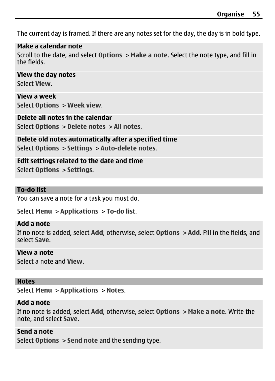 To-do list, Notes | Nokia 3710 User Manual | Page 55 / 66