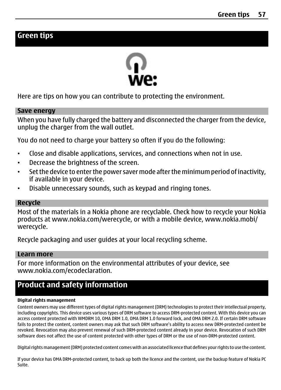 Green tips, Save energy, Recycle | Learn more, Product and safety information, Digital rights management | Nokia 3710 User Manual | Page 57 / 66
