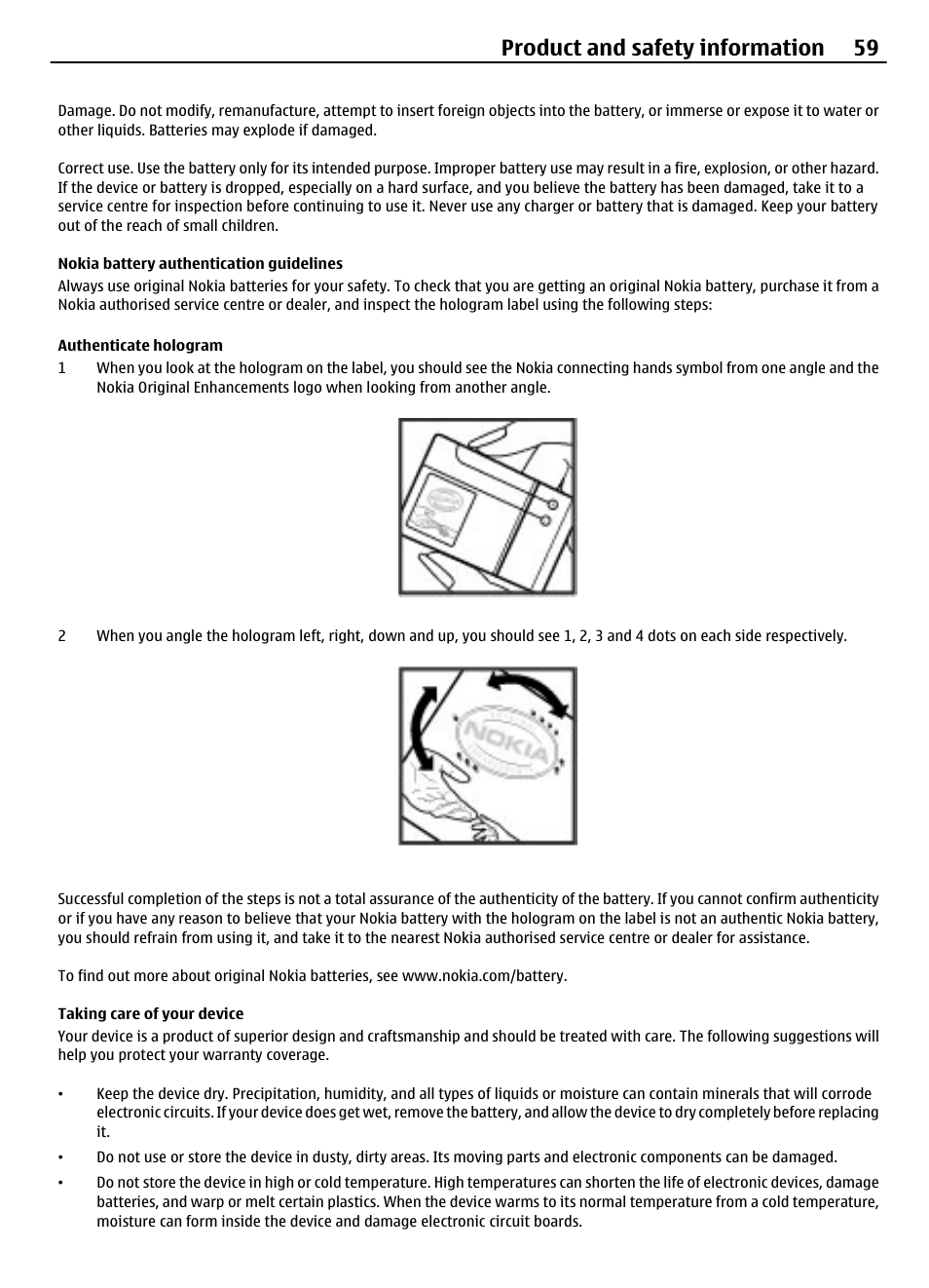Nokia battery authentication guidelines, Authenticate hologram, Taking care of your device | Product and safety information 59 | Nokia 3710 User Manual | Page 59 / 66