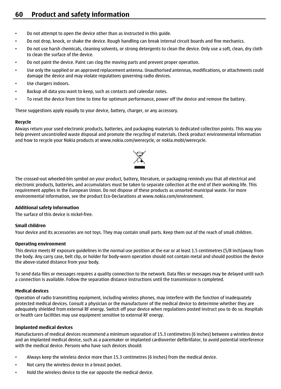 Recycle, Additional safety information, Small children | Operating environment, Medical devices, Implanted medical devices, 60 product and safety information | Nokia 3710 User Manual | Page 60 / 66