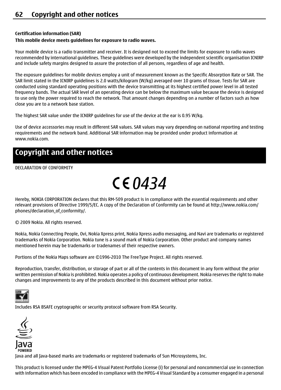 Certification information (sar), Copyright and other notices, 62 copyright and other notices | Nokia 3710 User Manual | Page 62 / 66