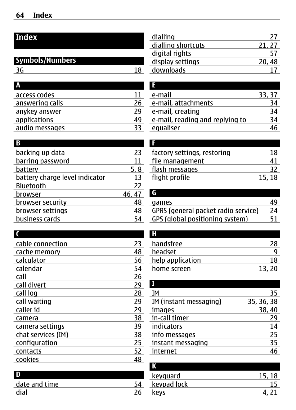 Index | Nokia 3710 User Manual | Page 64 / 66