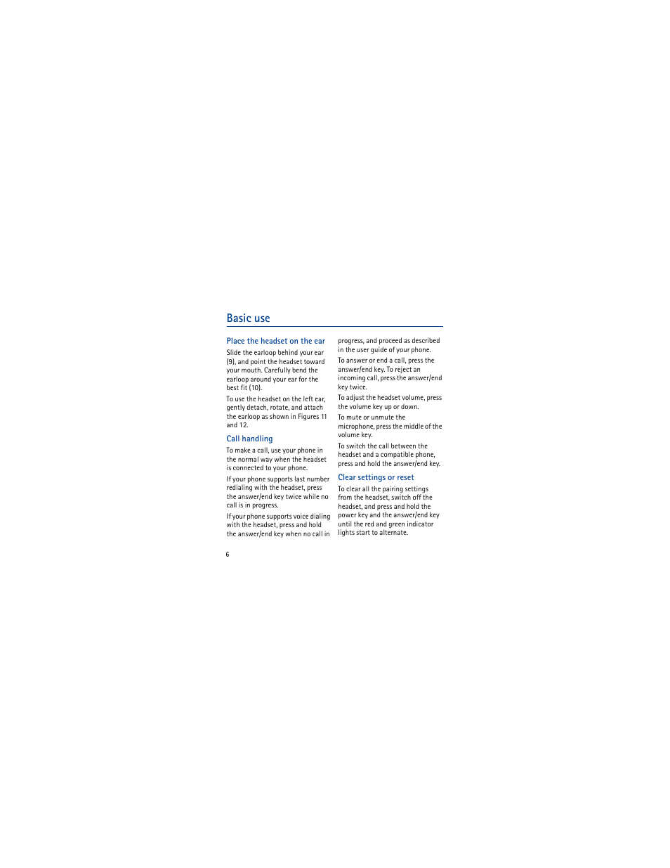 Basic use, Place the headset on the ear, Call handling | Clear settings or reset | Nokia BH-208 User Manual | Page 6 / 8