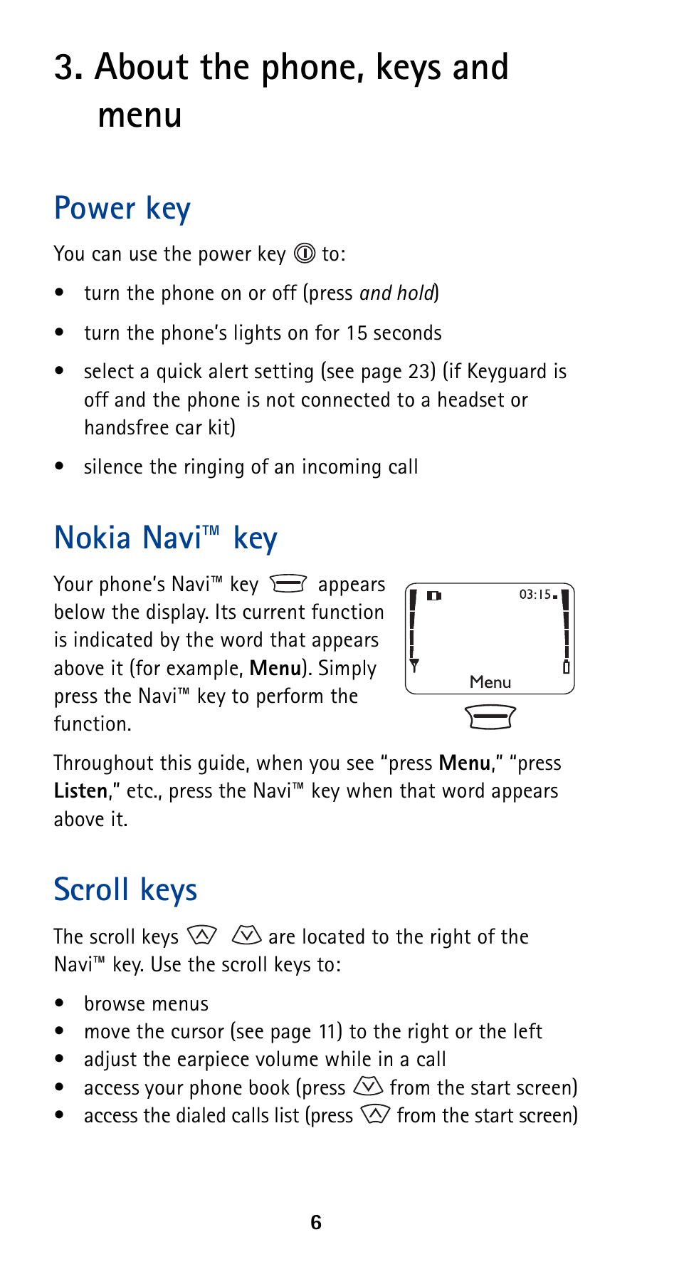 About the phone, keys and menu, Power key, Nokia navi™ key | Scroll keys, Power key nokia navi™ key scroll keys | Nokia 5120 User Manual | Page 13 / 85